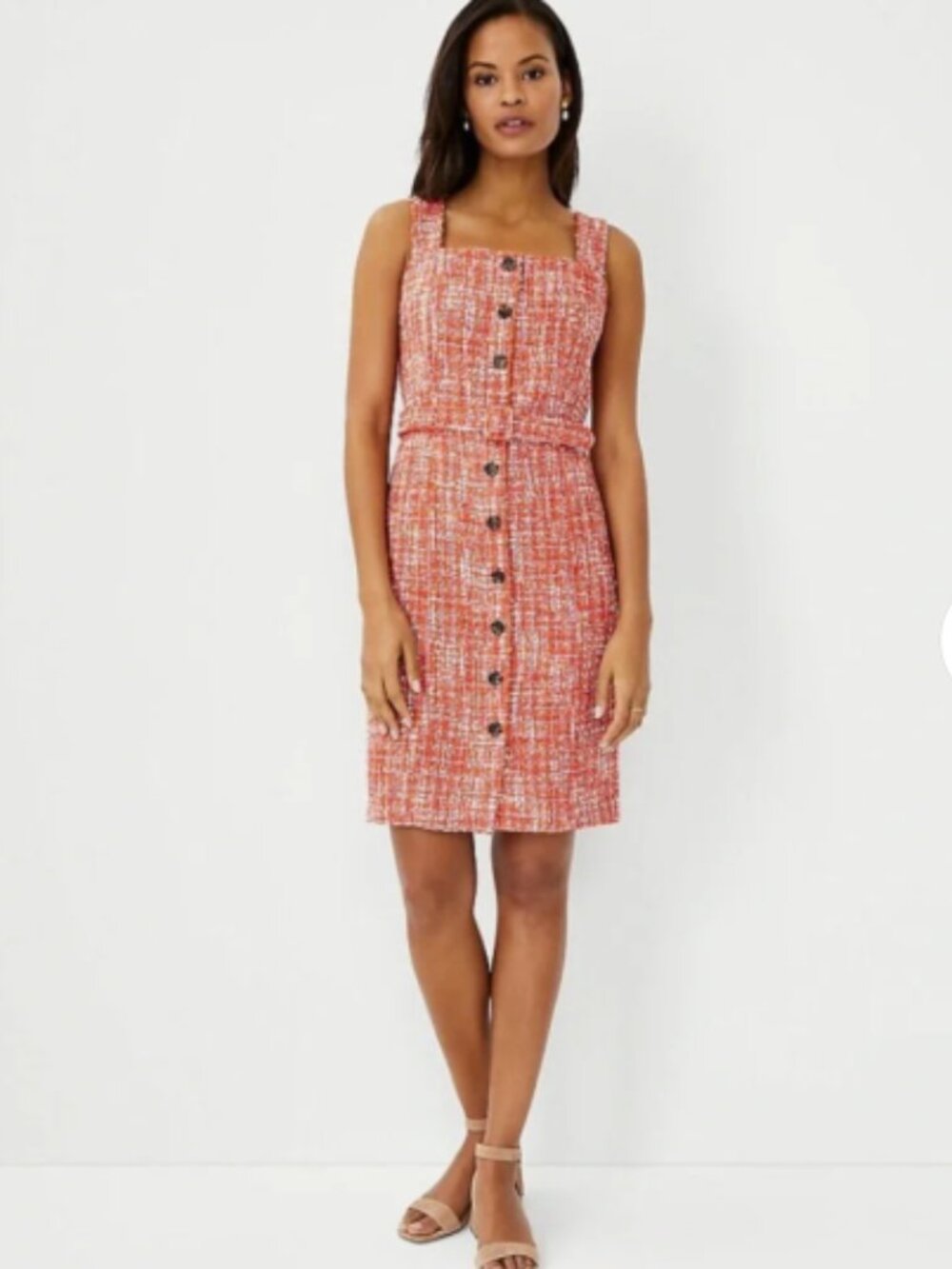 Ann Taylor Orange Tweed Button-Front Belted Sleeveless Dress - Size 2